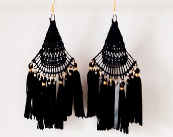 Black Triangle Earrings - Ñandutí Handmade Paraguayan Embroidered Nanduti