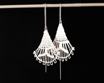 White Threader Earrings Pull Through Chain Triangle Shaped Handmade Paraguayan Embroidered Lace Ñandutí Nanduti