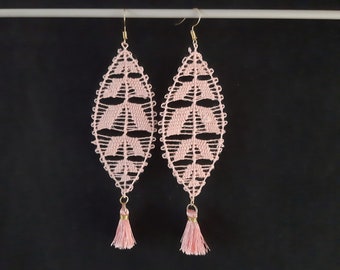 Tassel Earrings Nanduti Lace Dangle Leaf Shaped - Salmon - Handmade Paraguayan Embroidered Ñandutí Nanduti