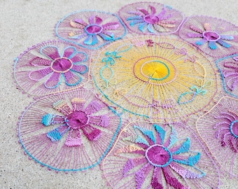 Lace Doily Placemat 8.3" (21cm.) Handmade Multicolor Table Decor Paraguayan Embroidered Nanduti Ñandutí