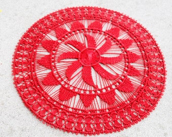 Lace Doily Coaster Round - Red 6.5" (16,5cm.) Centerpiece Table Mat Embroidered Nanduti Ñandutí Handmade