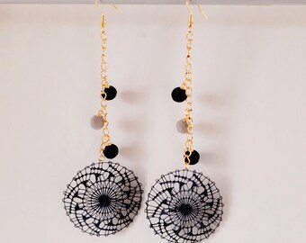Round Black Dangle Earrings - Handmade Paraguayan Ñandutí Nanduti Lace