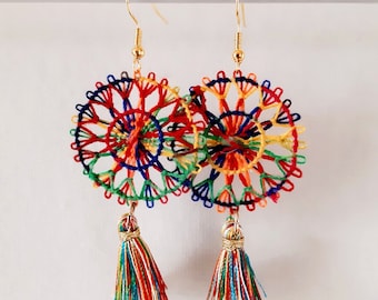 Round Tassel Earrings - Handmade Paraguayan Nanduti Ñandutí Lace