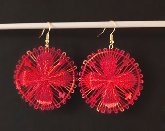 Round Red Earrings - Handmade Paraguayan Ñandutí Nanduti Lace