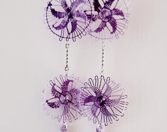Purple Tassel Earrings Round - Handmade Ñandutí Lace Paraguayan Embroidered Nanduti