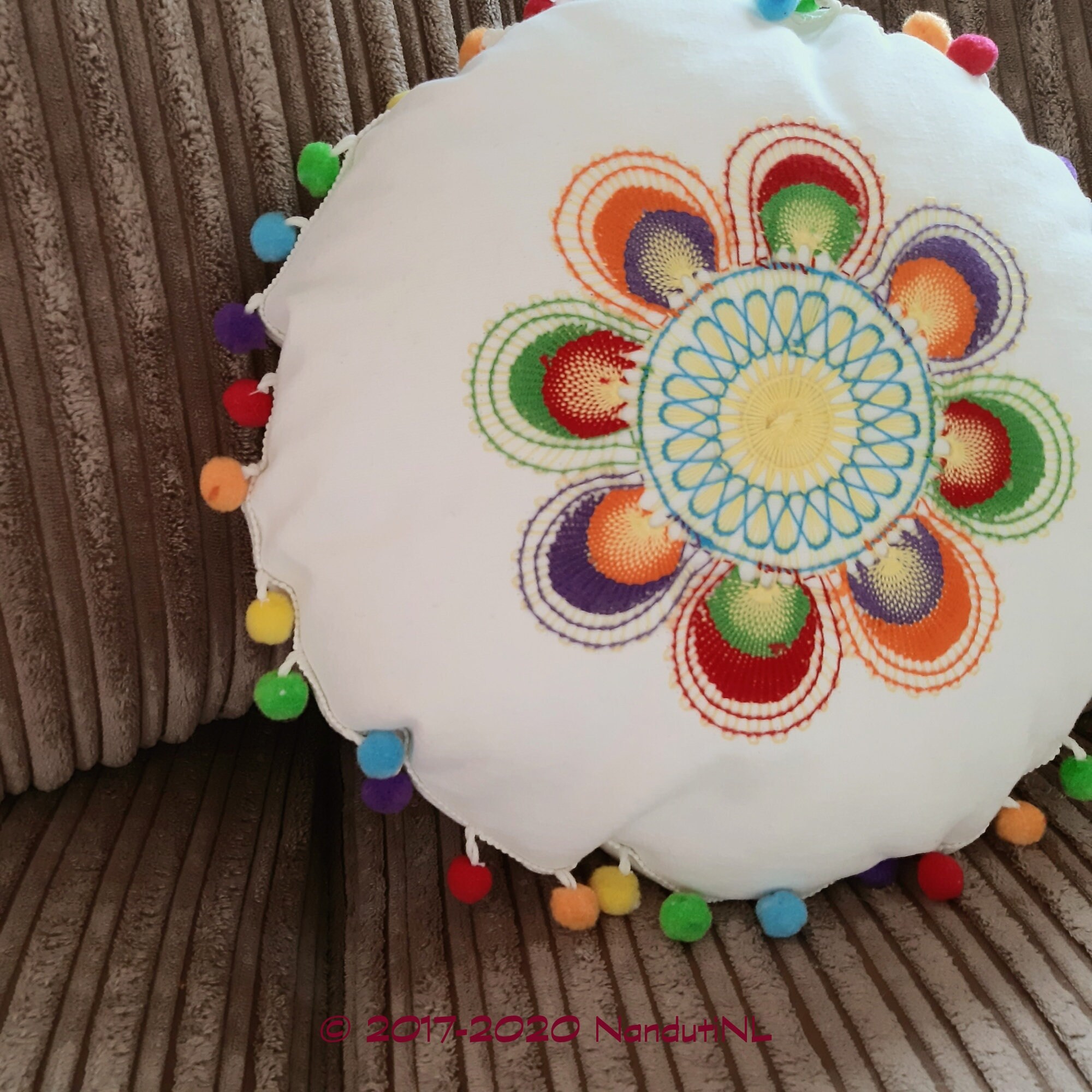 Decorative White Round Pillow With Pom Poms Cushion Boho With Etsy