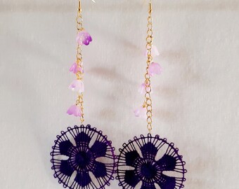 Purple Round Dangle Earrings - Handmade Paraguayan Ñandutí Nanduti Lace