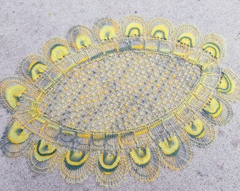 Oval Doily Yellow Green Handmade Coffee Table Decor Paraguay Embroidered Lace Ñandutí Nanduti