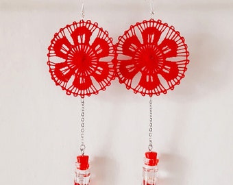 Red Round Ñandutí Earrings With Glass Bottles, Confetti Shaker, Nanduti