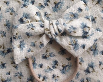 Cornflower linen hair bow, dusty blue and ivory floral bow, headband bow, bow clip, nylon headband bow