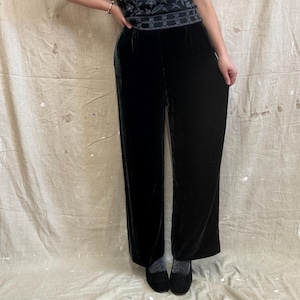 Vintage 1990s y2k Black Velvet Pants High Waisted Wide Leg 30” Waist Trousers