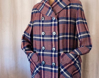 Vintage 1940’s / 50’s Plaid Swing Coat Orange / Blue / Cream Check Double Breasted Woven Jacket