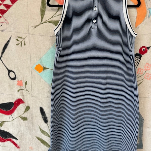 Vintage 1980s / 90s Striped Mini Dress Blue Collared Sporty Polo Nineties Cotton Dress