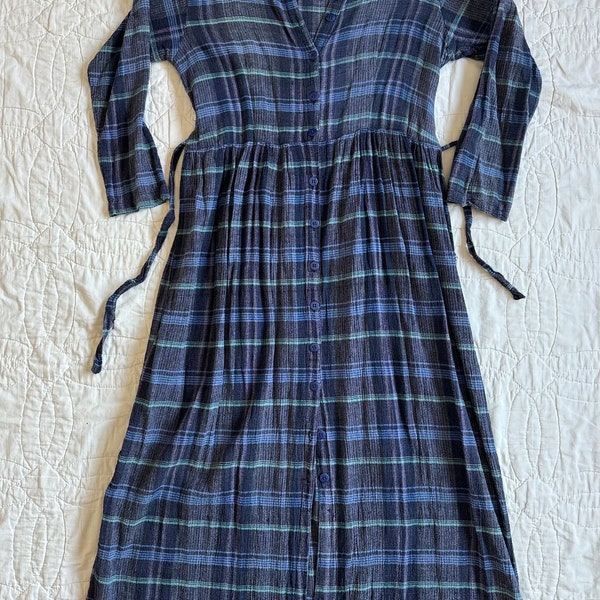 Vintage 1970s Indian Cotton Dress Plaid Button Front Midi Dress Long Sleeve Side Tie Blue Purple Duster