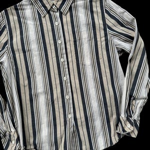 Vintage 1980s 90s Striped Shirt 100% Cotton Blouse Classic Oxford Tan Gray Button Up Shirt