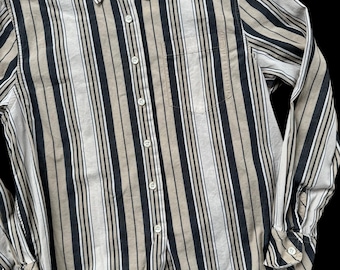 Vintage 1980s 90s Striped Shirt 100% Cotton Blouse Classic Oxford Tan Gray Button Up Shirt