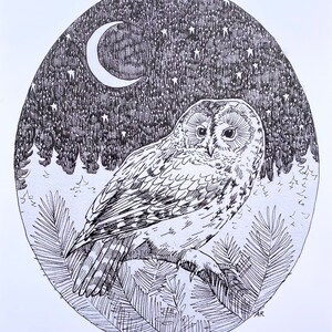 Owl Original Fine Art Print 11x14 Wall Art Poster Extra Heavy Linen Card Stock Bird Illustration Arte contemporáneo por Amanda Raynes
