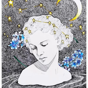 Cáncer Original Bellas Artes Impresión 11x14 Signo del Zodíaco Cartel de pared Extra Heavy Linen Card Stock Arte Contemporáneo por Amanda Raynes