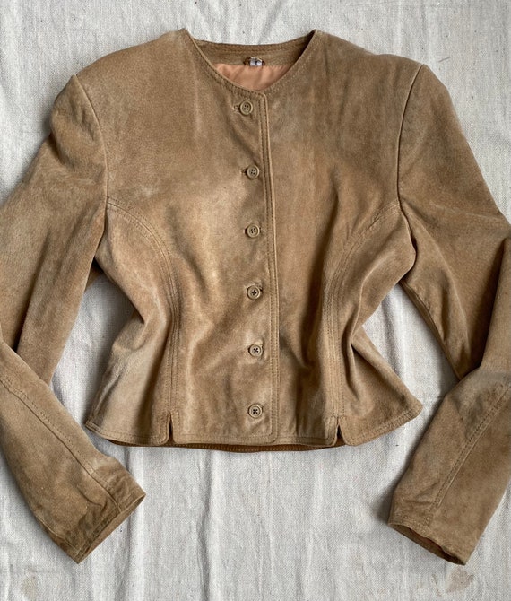 Vintage Tan Suede Jacket Worn In Distressed Cropp… - image 3