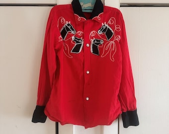Camisa vaquera vintage para niños de los años 50 con caballos rojos, estilo J Bar T Western Roy Rogers, con botones