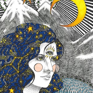 Diosa Virgo con Luna Creciente 9x12 Imprimir en Extra Pesado Cartulina Mate Arte Original Retrato Zodiaco Ilustración