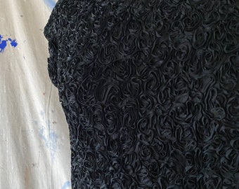 1960’s Caledonia Hand Loomed Ribbon Wiggle Dress Black Scalloped Neckline Short Sleeve Midi Dress