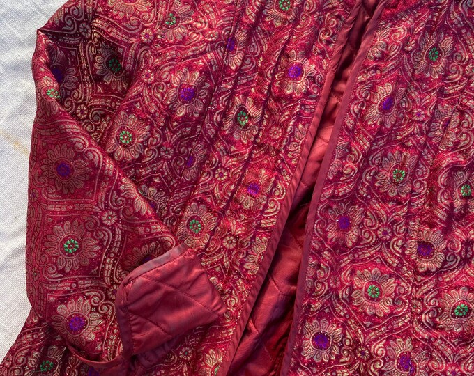 Vintage 1990s Quilted Jacket Red Gold Jacquard Embroidered April