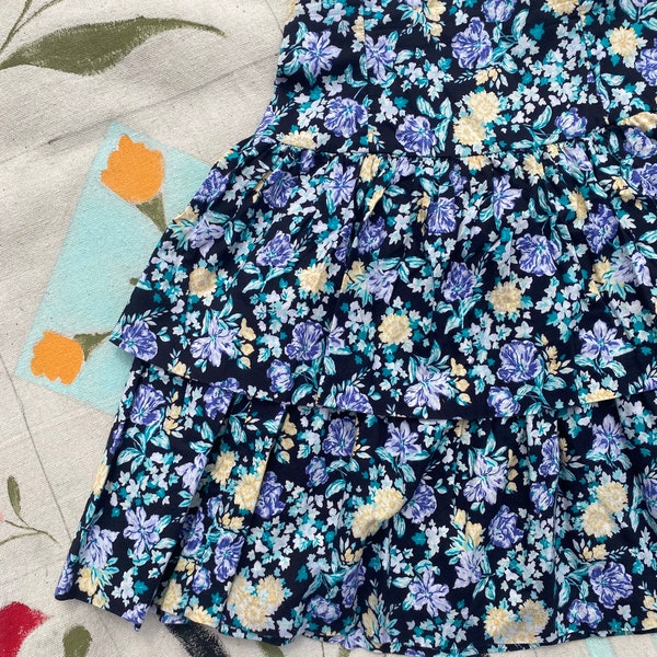 Vintage 1980’s / 80s Laura Ashley Floral Mini Skirt Black / Blue Tiered Ruffle Skirt