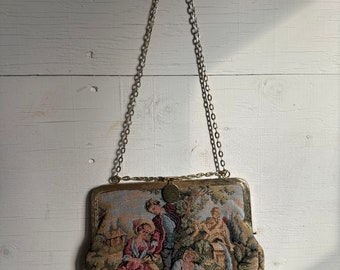 Vintage Gobelin-Kupplung mit Kettengriff, gewebtes Bild, Handtasche