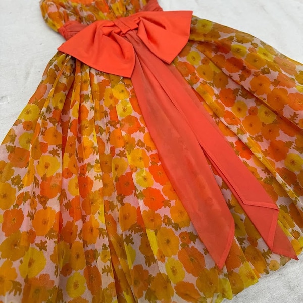 Vintage 1950s Floral Dress Printed Chiffon Tulle Orange Large Bow Strapless Fifties Formal Party Dress