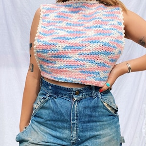 Vintage 1960’s / 70’s Cotton Candy Hand knit Pink / Blue / White Knit Vintage Sweater Vest Pullover Top