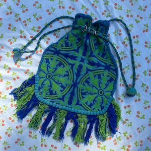 Bolso de playa / cartera / bolso de mano vintage de los años 60 y 70 con tejido psicodélico y estampado verde brillante y azul