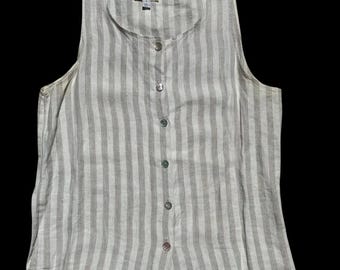 Vintage 1980s 90s Striped Tank 100% Linen Tan White Button Front Sleeveless Vest