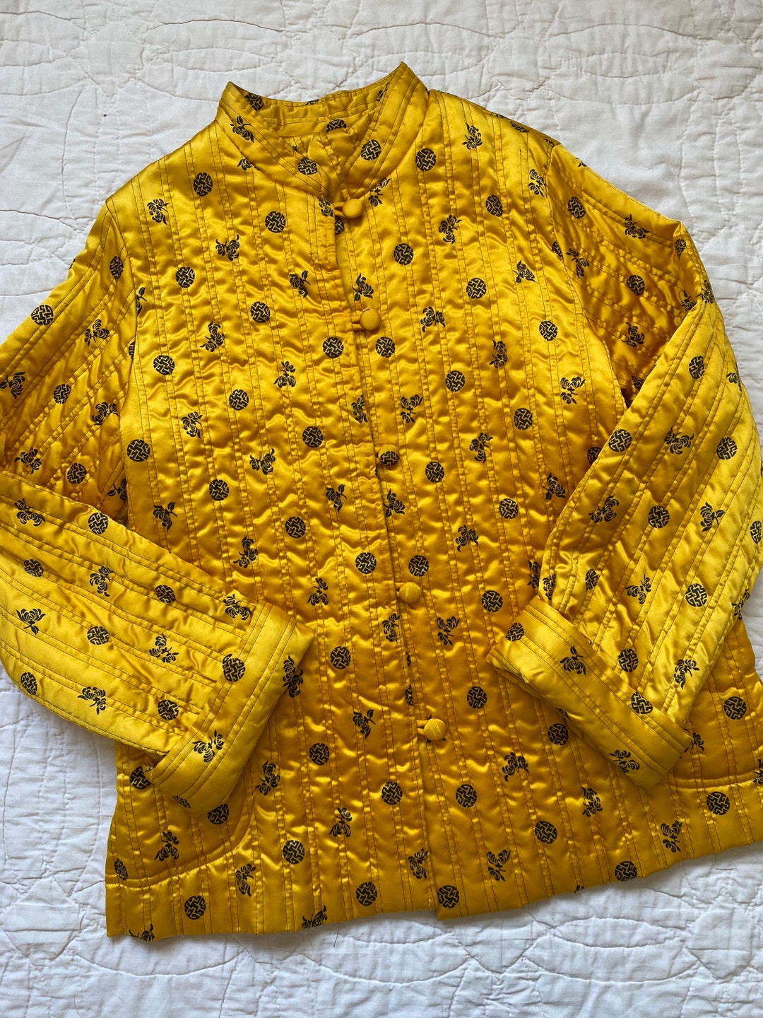 Vintage 1970s Gold Quilted Jacket Button Front Printed Union Made Coat