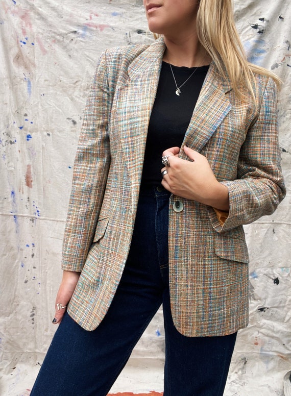 Vintage Silk Blazer 1990’s Oversized Plaid / Cros… - image 1