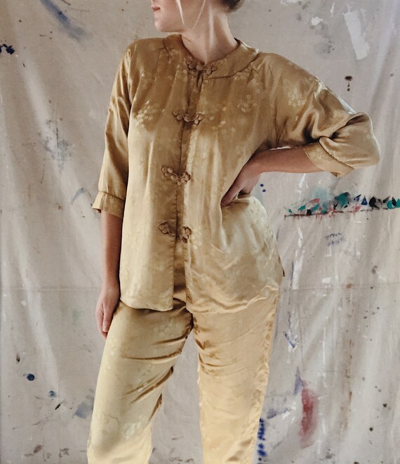 Vintage Japanese Jacquard Gold Pajama Set 1950’s L