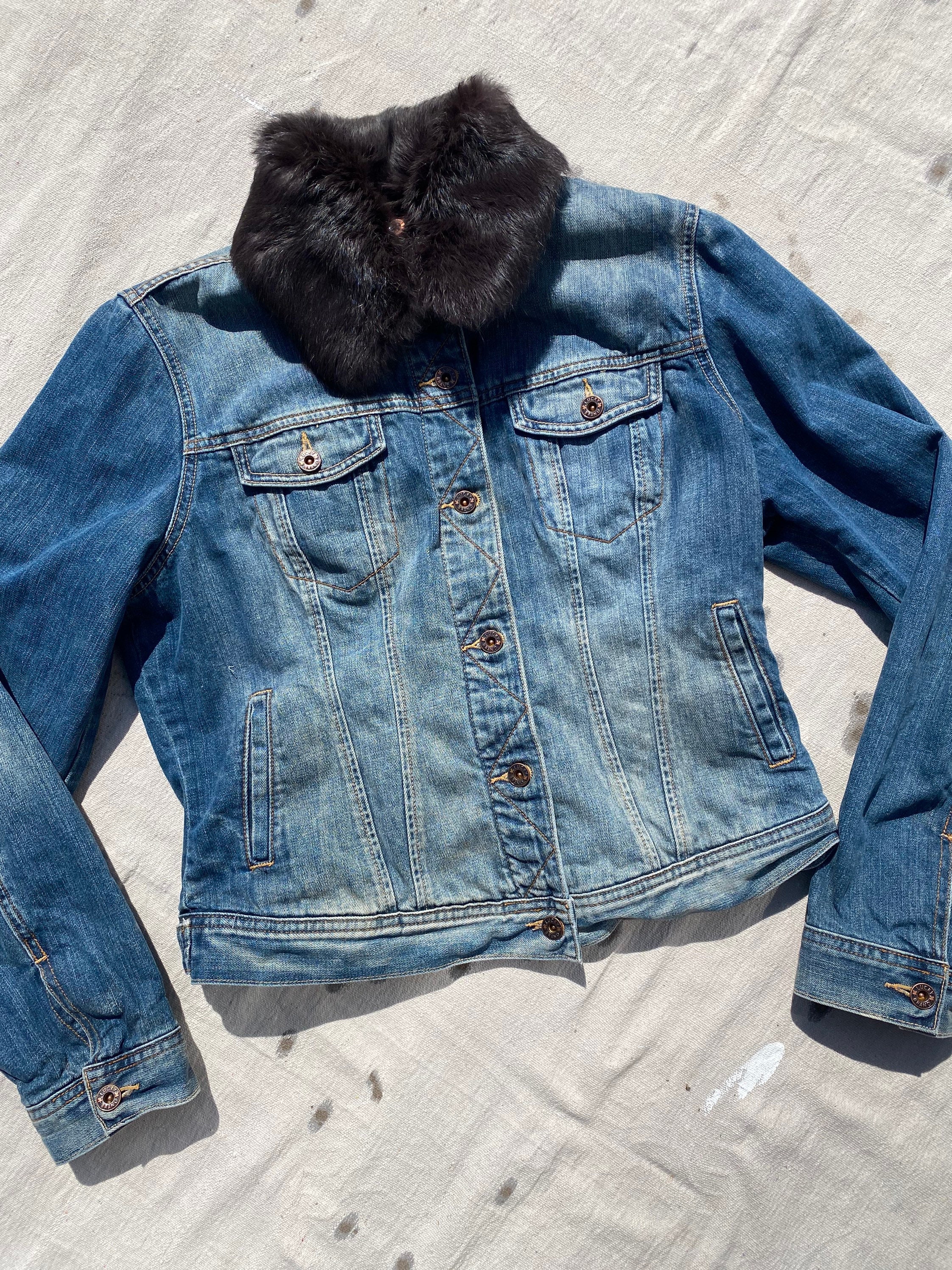 Vintage Y2k Denim Jacket Faded Jean Lined Jacket Lucky Brand Rabbit Fur  Collar -  Canada