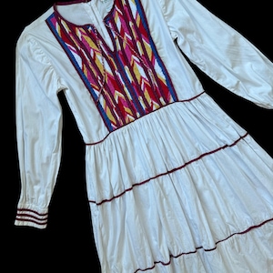 Vintage 1970s White Cotton Embroidered Maxi Dress Teired Boho Prairie Hippy Seventies Jacinthe Made in Mexico Hand Embroidered Dress