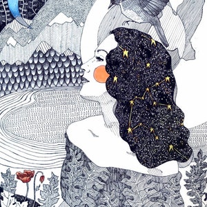 Póster de pared con el signo del zodíaco Acuario, impresión artística original de 11 x 14 pulgadas, cartulina de lino extragrueso, arte contemporáneo de Amanda Raynes