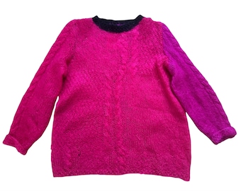 Vintage 1980s 90s Hot Pink Fuchsia Mohair Sweater Two Toned Fuzzy Cableknit Handknit Puff Sleeve Crewneck Knit