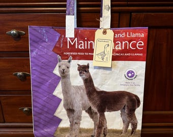 recycled grain bag tote / llama tote / reusable bag / bag for groceries / up cycled feed sack / project bag