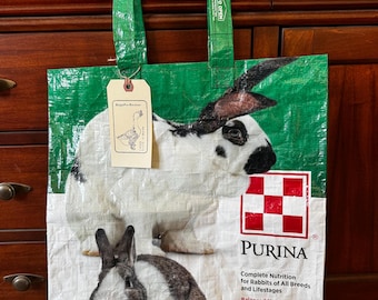 Up cycled grain bag tote/ rabbit tote/ bunnies/ recycled feed bag/ up cycled feed sack/ feed sack tote/ market tote