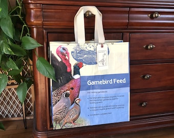 Up cycled grain bag tote / gamebird tote / reusable bag / recycled feed sack / market tote / up cycled feed bag