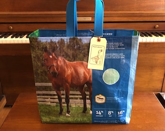 Recycled horse grain bag made into a reusable tote / repurposed feed sack