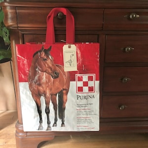 Recycled horse feed bag made into a reusable tote / up cycled and eco friendly