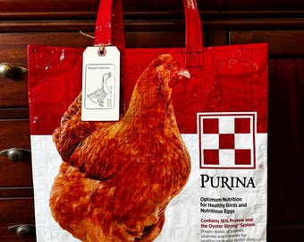 Reusable tote made from a recycled chicken feed sack / up cycled and eco friendly