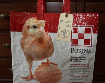 recycled grain bag tote / chicken / market bag / up cycled and eco friendly