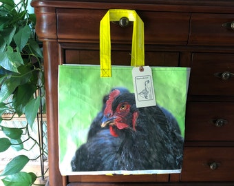 Up cycled grain bag tote with australorp made from recycled chicken feed sack