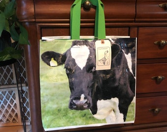 Recycled Holstein cow grain bag made into a reusable tote from a recycled feed sack