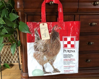 Reusable tote made from a recycled chicken feed sack / up cycled and eco friendly